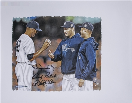 Mariano Rivera, Derek Jeter and Andy Pettitte Triple-Signed 20x24 Canvas (MLB Authenticated & Steiner)